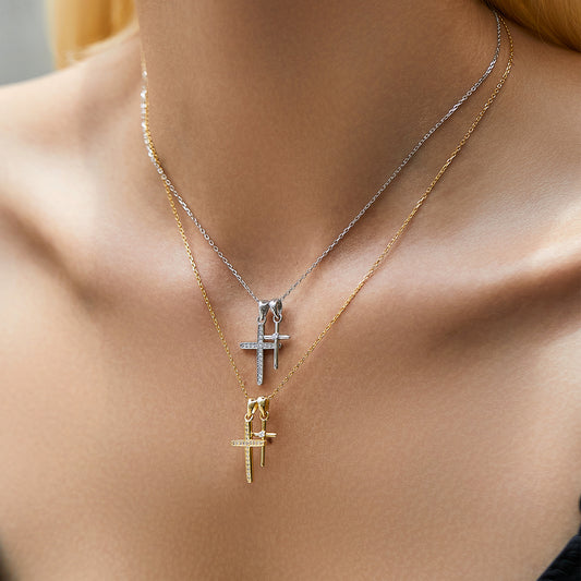 1 Piece 925 Sterling Silver Cross Zircon 14K Gold Plated Rhodium Plated 925 Sterling Silver Cable Chain Pendant Necklace