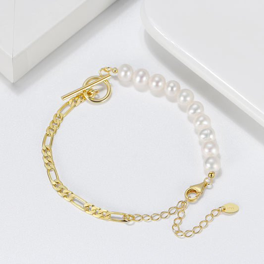 1 Piece 925 Sterling Silver Geometric Solid Color Freshwater Pearl Pearl 14K Gold Plated White Gold Plated Women's Figaro Chain Bracelets