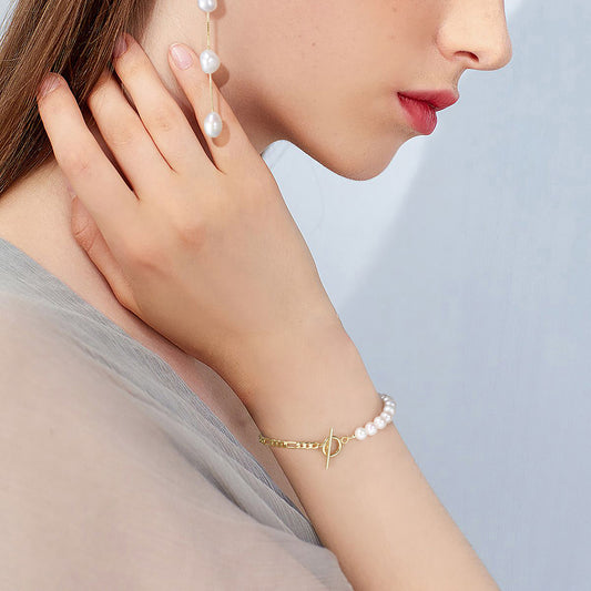 1 Piece 925 Sterling Silver Geometric Solid Color Freshwater Pearl Pearl 14K Gold Plated White Gold Plated Women's Figaro Chain Bracelets